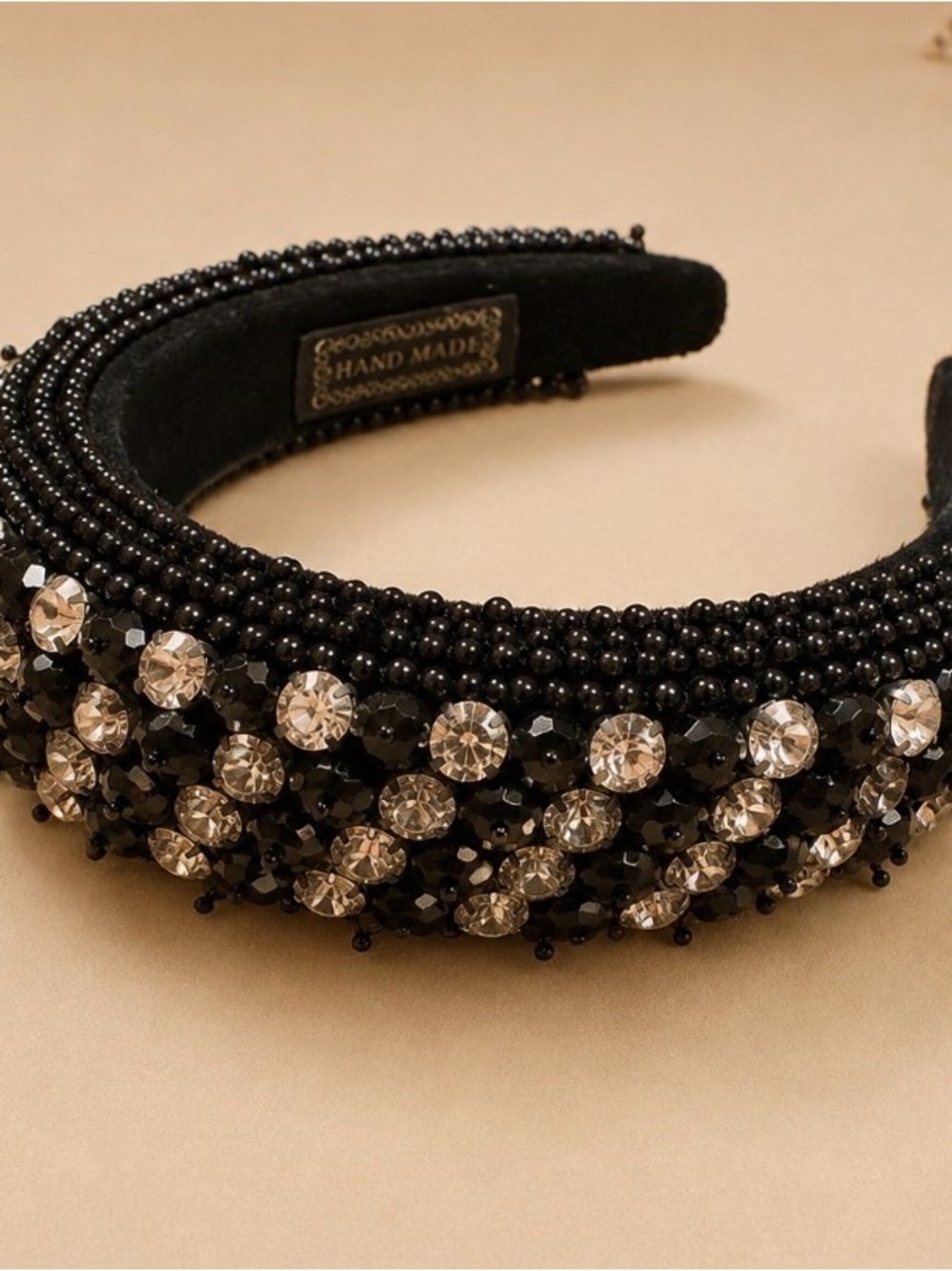 Handmade Black Beaded Headband with Clear Crystal Accents